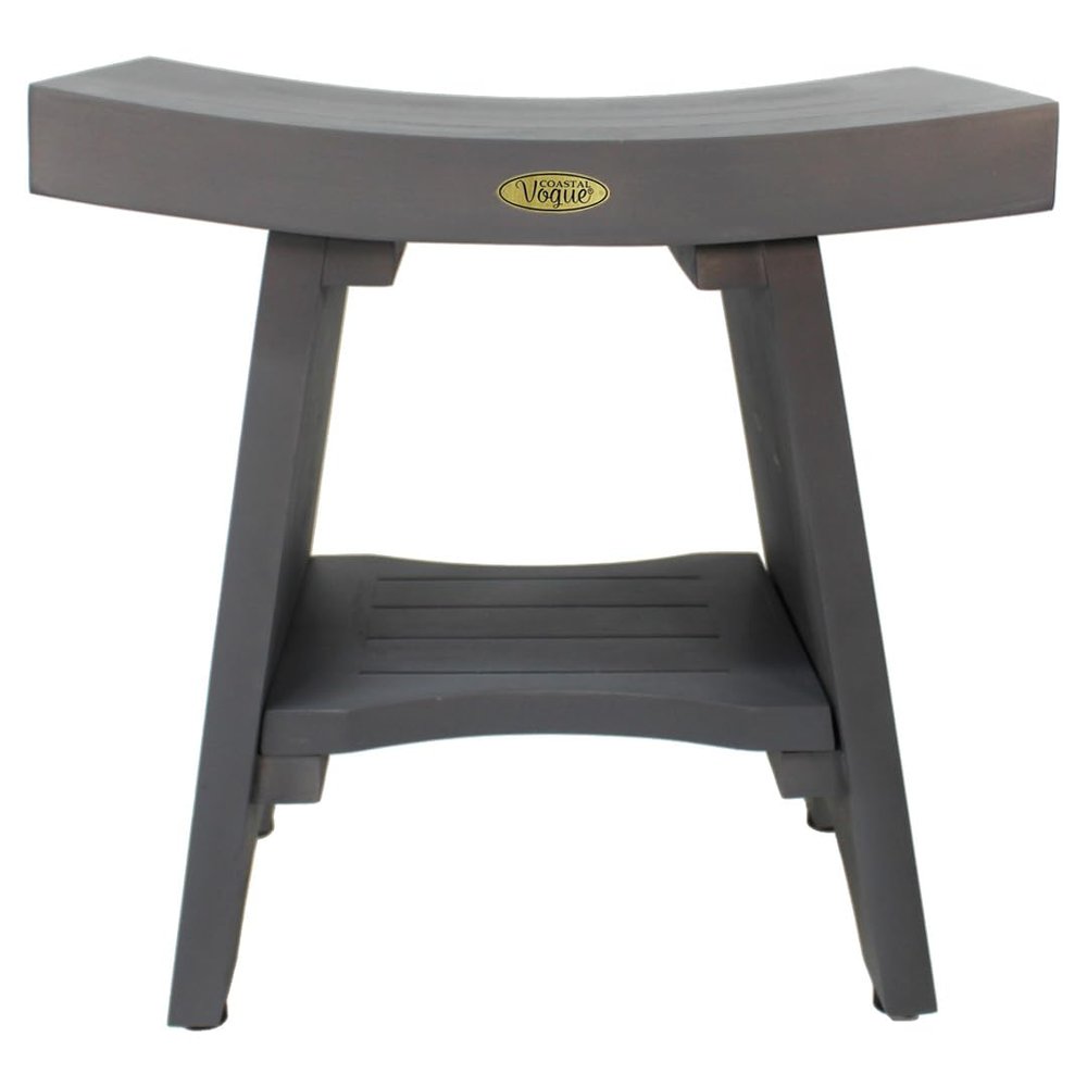 CoastalVogue 18 Inch Lunar Gray Serenityy Waterproof Teak Wood Shower Bench Stool Seat Chair for Inside Shower Provides Safety, Storage, and Organization for Bathroom Accessories