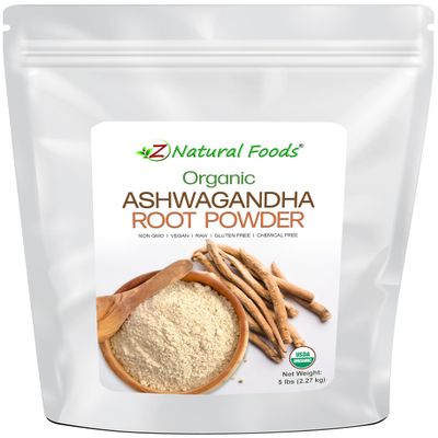 Z Natural Foods Organic Ashwagandha Root Powder - Bulk 5 lb Size - Make Your Own Capsules & Pills - 100% Pure, Raw, Chemical Free, Non-GMO