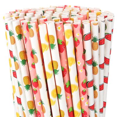 200 Pieces Fruit Paper Straws for Drinking Cute Strawberry Pineapple Orange Patterned Paper Straws 7.75 Inches for Cocktail Birthday Luau Summer Party Supplies