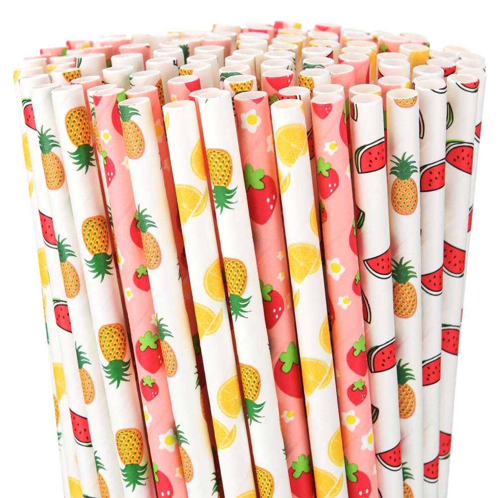 200 Pieces Fruit Paper Straws for Drinking Cute Strawberry Pineapple Orange Patterned Paper Straws 7.75 Inches for Cocktail Birthday Luau Summer Party Supplies