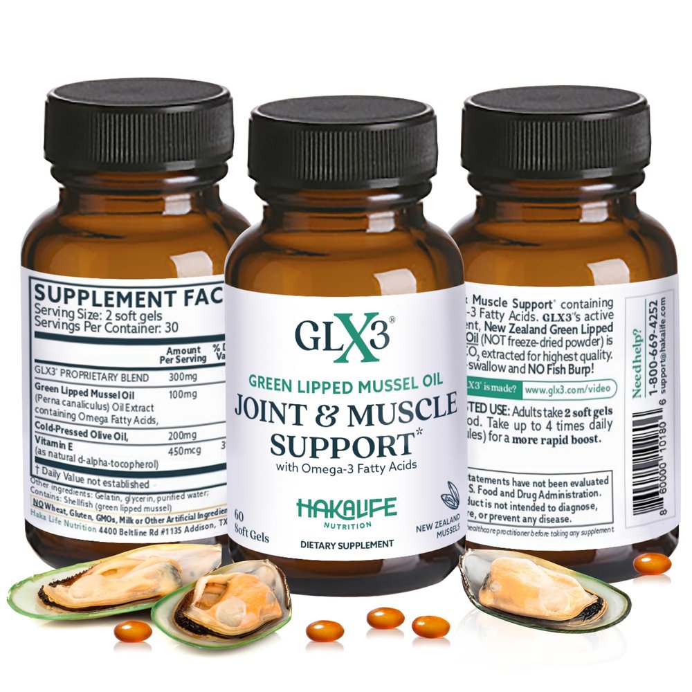 GLX3 Extra Strength Green Lipped Mussel Oil Capsules - Long-Lasting Joint Comfort Supplement - Support for Aches, Soreness - Naturally Rich in Omega 3 & Chondroitin Sulfate 180 Tablets