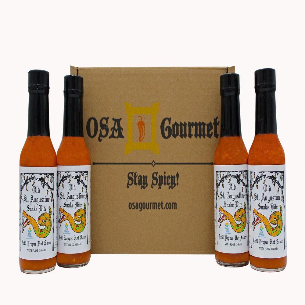4 Pack Gift Box Snake Bite Datil Pepper Hot Sauce, 5 oz. Medium Heat. Two Time winner at the Internatioal Flavor Awards.