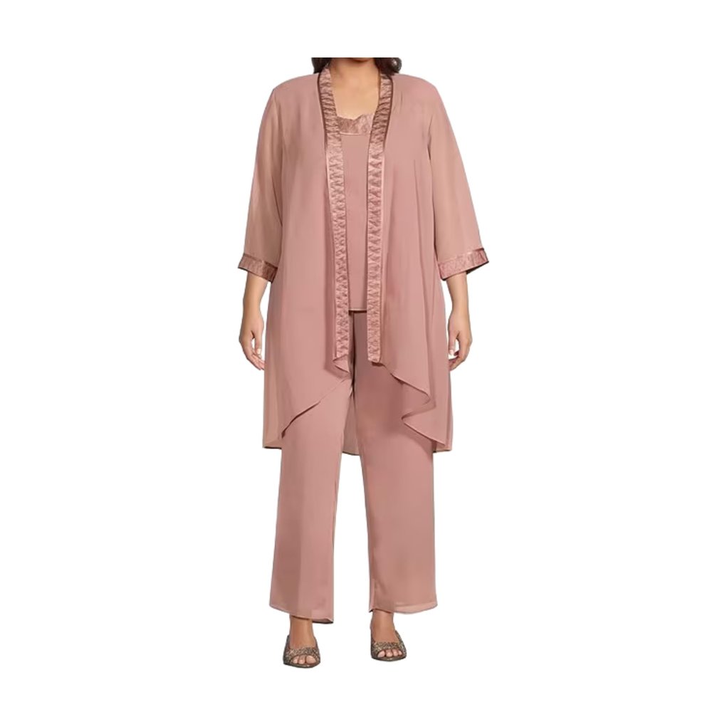 Le Bos Women's Elegant 3-Piece Satin-Trimmed Pant Set with 3/4 Sleeve Jacket, Rose Gold, 20