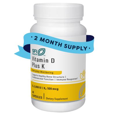Klaire Labs SFI Health Vitamin D Plus K - Bioavailable Vitamin K2 D3 Supplement for Bone & Immune Support - Each Capsule Delivers D3 5000 iu & K2 100 Mcg (60 Capsules)
