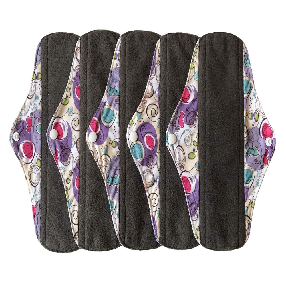 5 Pieces Charcoal Bamboo Mama Cloth/Menstrual Pads/Reusable Sanitary Pads (Swirl Purple, Regular (10 inch))