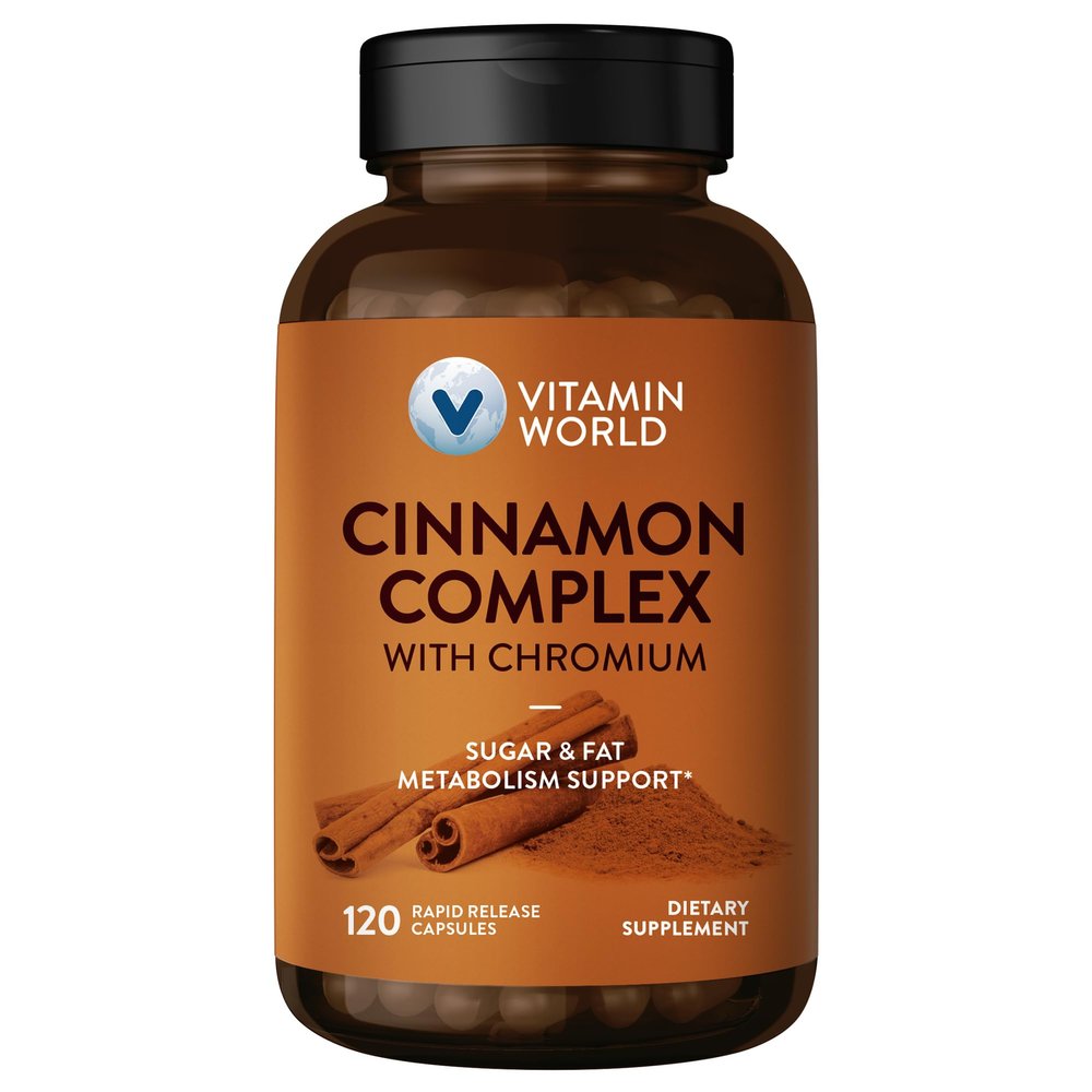 Vitamin World Cinnamon Complex with Chromium, Cinnamon Supplements with High-Potency Chromium for Healthy Metabolism & Antioxidant Protection, 120 Capsules, 2 Month Supply, Gluten Free