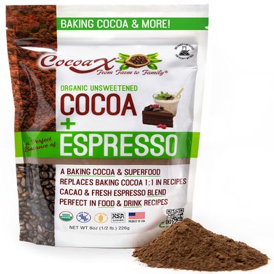 CocoaX Organic Cocoa Powder with Espresso Powder - 8oz Gluten Free, & Non-GMO Unsweetened Cocoa Powder for Baking - Dutch Processed Cocoa Powder to Use 1 To 1 in Cocoa Recipes - Made in America