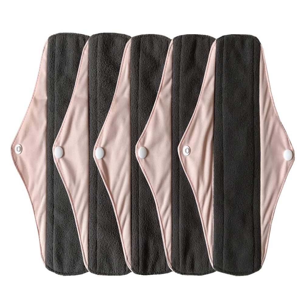 5 Pieces Charcoal Bamboo Mama Cloth/ Menstrual Pads/ Reusable Sanitary Pads (Light pink, Regular (10 inch))