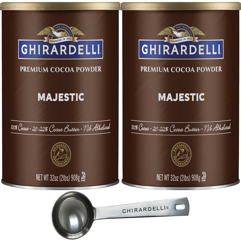 Ghirardelli Majestic Premium Cocoa Powder, 32 Ounce Can (Pack of 2) with Ghirardelli Stamped Barista Spoon