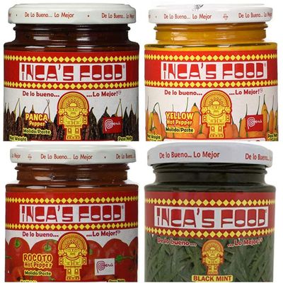 Inca's Food Mixed Sampler - Aji Amarillo, Aji Panca, Huacatay, and Aji Rocoto - (4) 7.5 Oz Jars