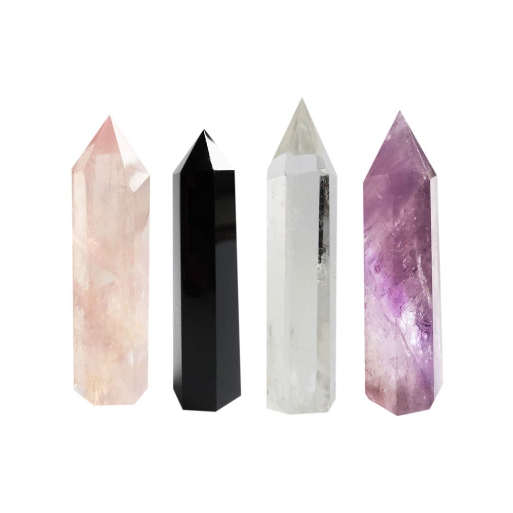 Set of 4 Healing Crystal Wands | Amethyst Crystal, Clear Quartz Crystal Wand & Rose Quartz Crystal Points,Black Obsidian| 6 Faceted Reiki Chakra Meditation Therapy