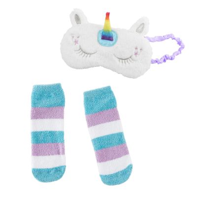 Girls Faux Fur Sleep Mask & Socks Set 3 Designs Caticorn, Llama and Panda (White Unicorn)