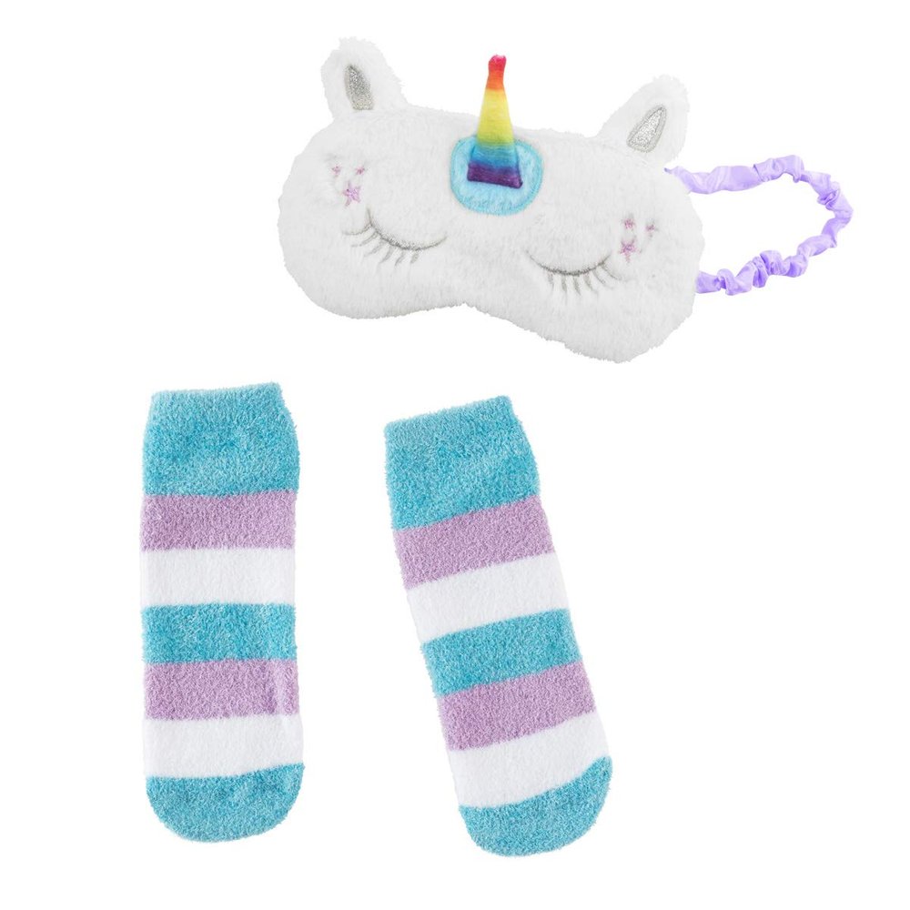 Girls Faux Fur Sleep Mask & Socks Set 3 Designs Caticorn, Llama and Panda (White Unicorn)
