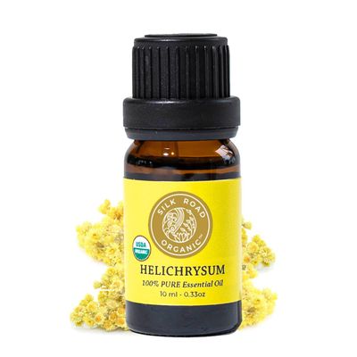 Silk Road Organic Helichrysum Italicum Essential Oil for Skin Care, Wrinkles, Scars, Bruises  10ml Undiluted Euro Dropper, USDA Certified Immortelle Oil - Always Pure, Always Organic