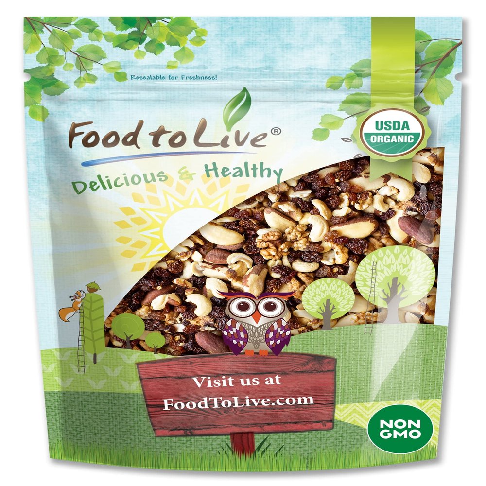 Food to Live Organic Energy Trail Mix, 2 Pounds Non-GMO and Raw Nuts and Berries including Cashews, Golden Berries, Raisins, Walnuts, and Brazil Nuts. Non-Irradiated, Vegan Superfood, Bulk
