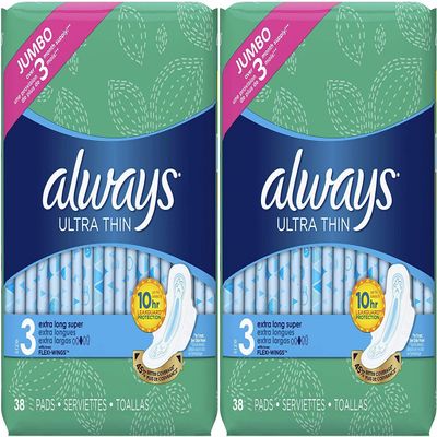 Always Ultra Thin Feminine Pads for Women, Size 3, Extra Long, Super Absorbency, with Wings, Unscented, 38 Count (Pack of 2) 76 Pads Total