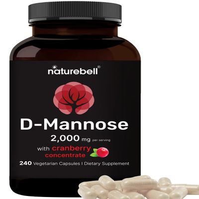 NatureBell D-Mannose 500mg Capsules (2,000mg Per Serving) | 240 Veggie Capsules + Cranberry Concentrate 40mg Fast Acting Urinary Tract Health Pills Ultra UTI Support for Women & Men