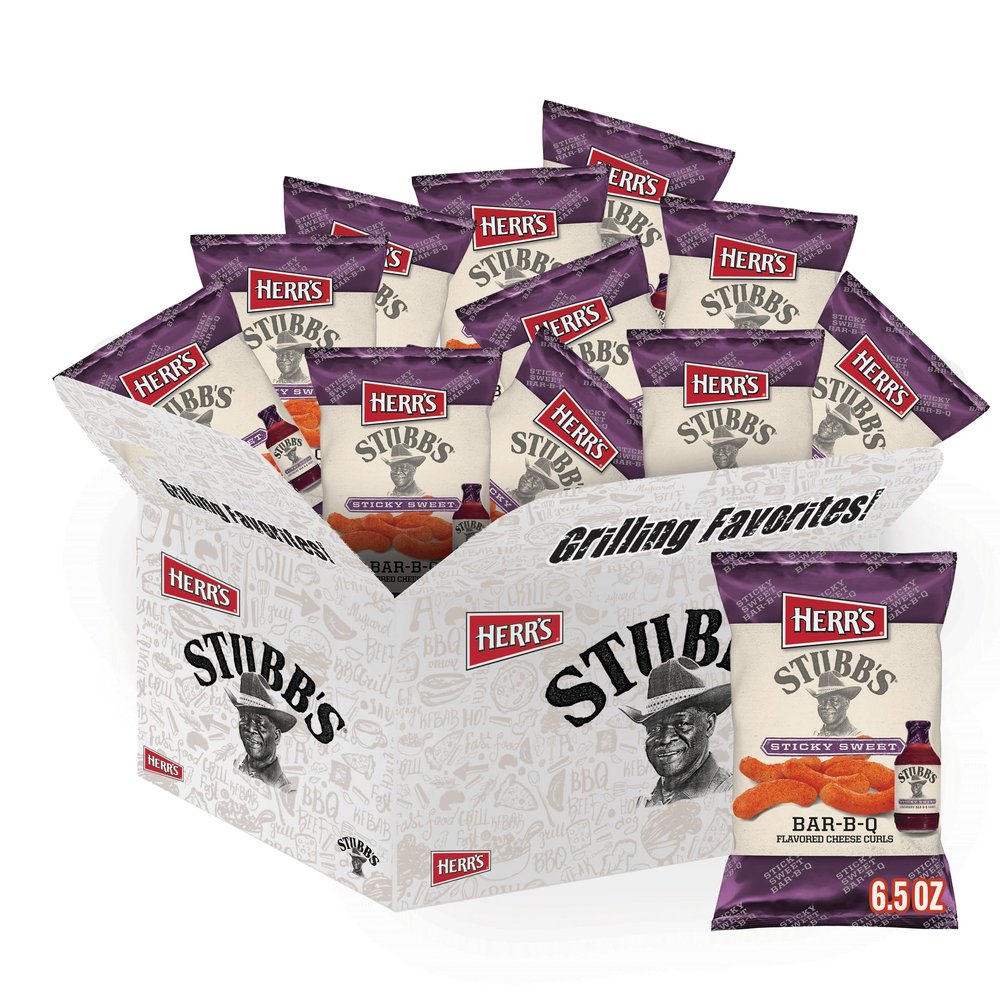 Herr's Stubb's Sticky Sweet BAR-B-Q Cheese Curls, 6 Ounce (Pack of 12 Bags)  Sweet and Smoky BBQ Cheese Curls Inspired by Stubb's  Perfect for Cookouts and Game Days