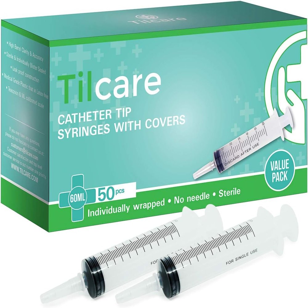 60ml Catheter Tip Syringe with Covers 50 Pack by Tilcare - Sterile Plastic Medicine Food Droppers for Children, Pets or Adults  Latex-Free Oral Medication Dispenser - Large Feeding Tube Syringes