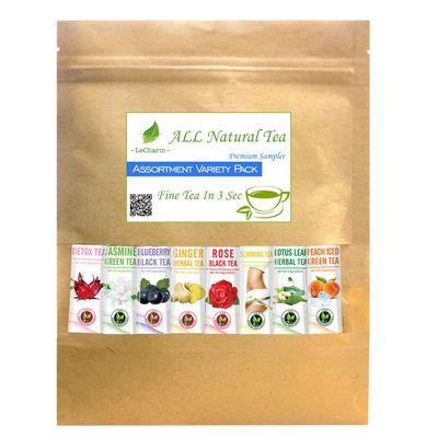 LeCharm Instant Tea Powerder Variety Sampler bag Cold or Hot Tea Drink Fruit and Flower Tea Flavors Antioxidants 0 Sugar, 0 Calories (16 Sachets)