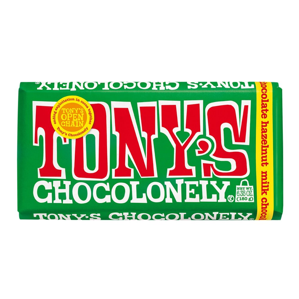 Tonys Chocolonely Belgian Milk Chocolate Hazelnut Candy Bar for Snacks, Chocolate Bar for Party Favors, Gifts, or Gift Basket, 32% Cacao, Made From Quality Fairtrade Cocoa, 6.35 Oz