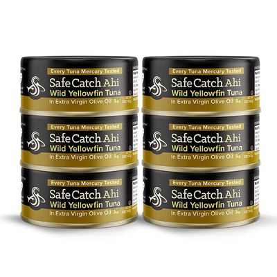 Safe Catch Wild Ahi Yellowfin Tuna Fish Canned, Wild Caught, Lowest Mercury, Lean Protein, Omega 3, Gluten-Free, Kosher, in Extra Virgin Olive Oil, Pack of 6