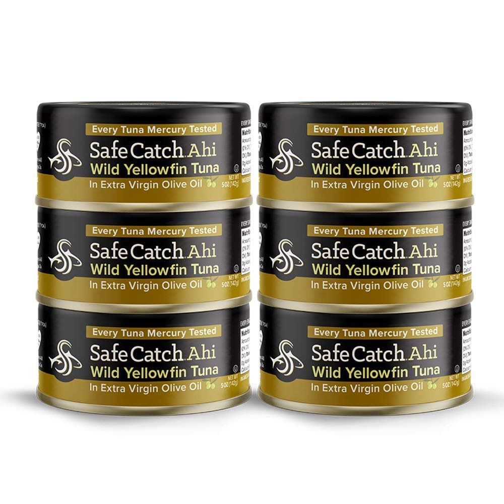 Safe Catch Wild Ahi Yellowfin Tuna Fish Canned, Wild Caught, Lowest Mercury, Lean Protein, Omega 3, Gluten-Free, Kosher, in Extra Virgin Olive Oil, Pack of 6