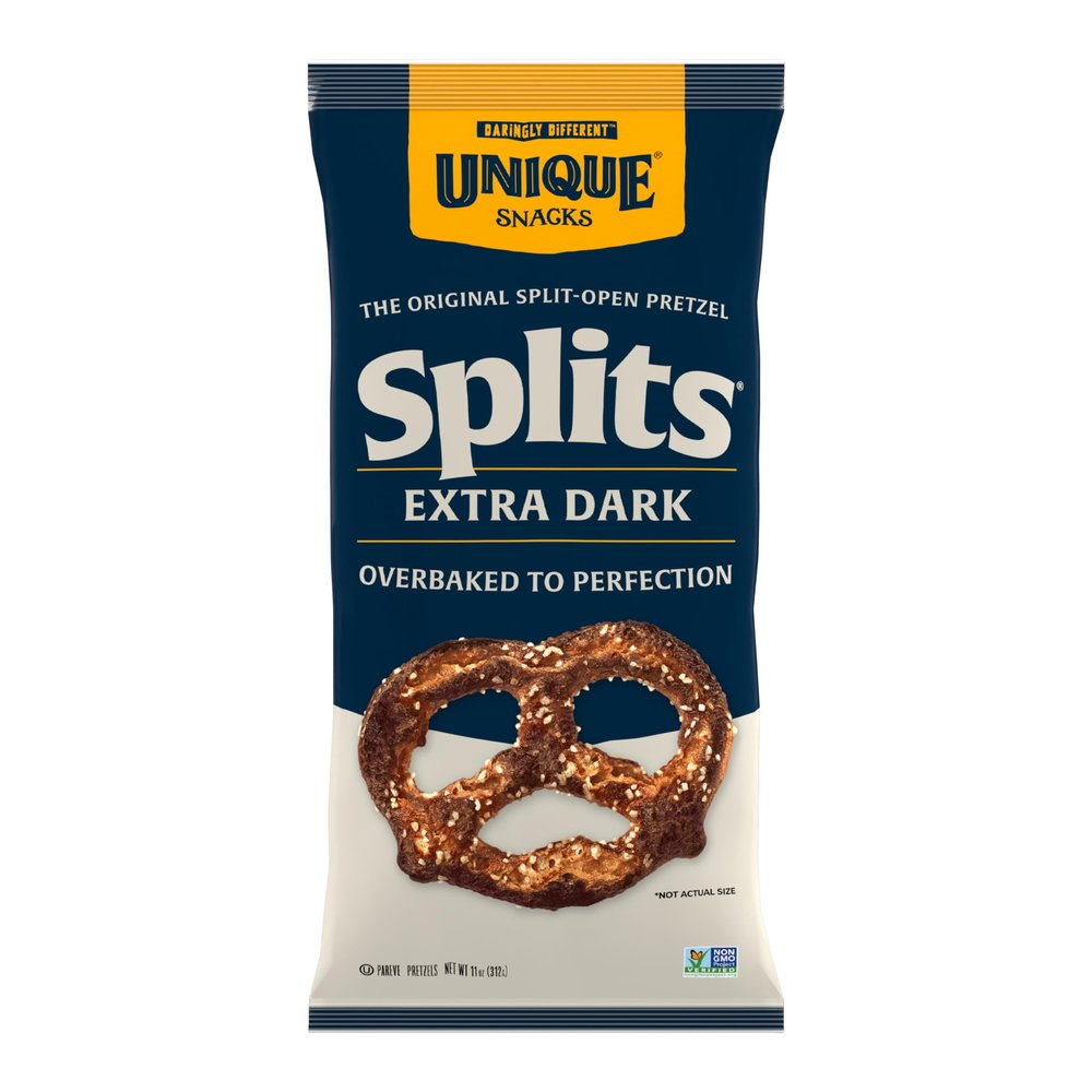 Unique Snacks Extra Dark Splits Pretzels, Original Split-Open Pretzels, Delicious Homestyle Baked Snack Bag, Vegan, OU Kosher, and Non-GMO Food, No Artificial Flavor, 11 Oz. Bag, Pack of 6