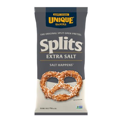 Unique Snacks Extra Salt Splits Pretzels, Original Split-Open Pretzels, Delicious Homestyle Baked Snack Bag, OU Kosher, and Non-GMO Food, No Artificial Flavor, 11 Oz. Bag, Pack of 6
