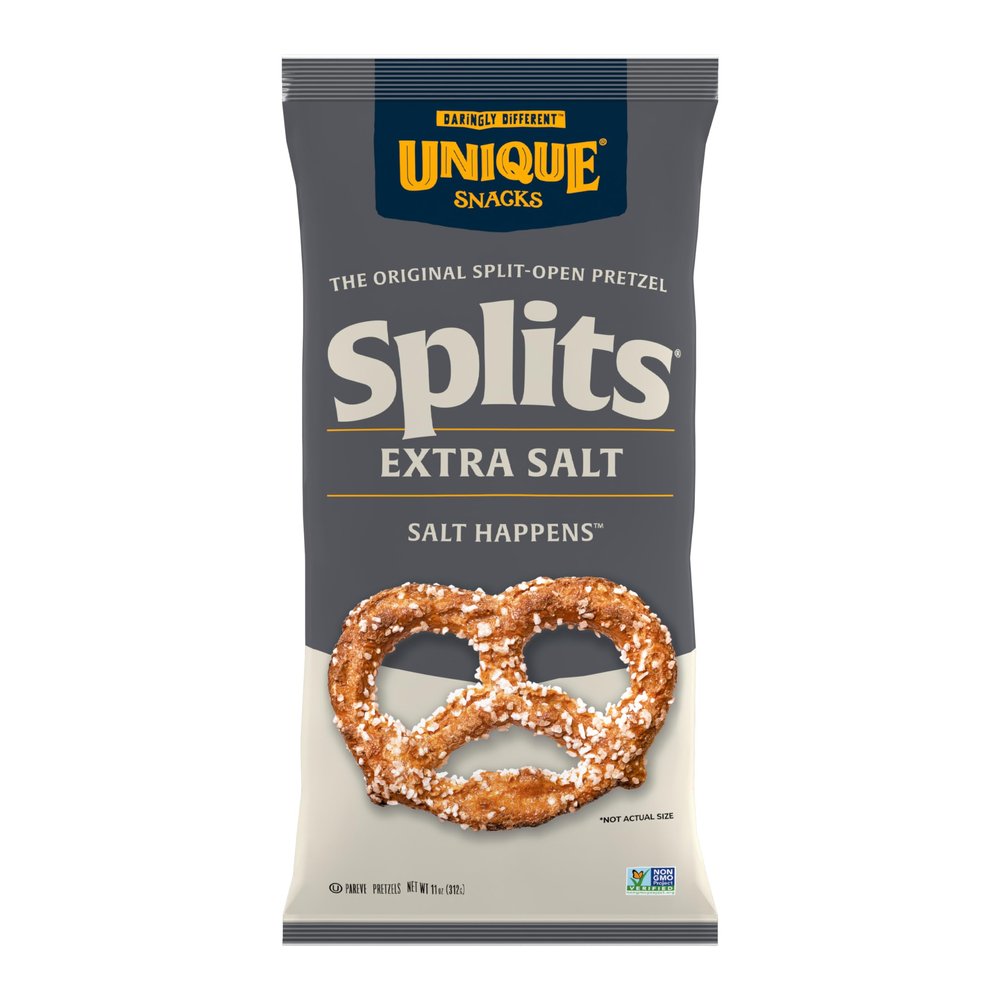Unique Snacks Extra Salt Splits Pretzels, Original Split-Open Pretzels, Delicious Homestyle Baked Snack Bag, OU Kosher, and Non-GMO Food, No Artificial Flavor, 11 Oz. Bag, Pack of 6