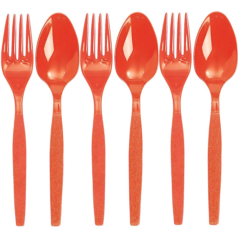 Fun Express - Orange Fork/Spoon Plastic Cutlery Set - Party Supplies - Solid Tableware - Cutlery - 16 Pieces