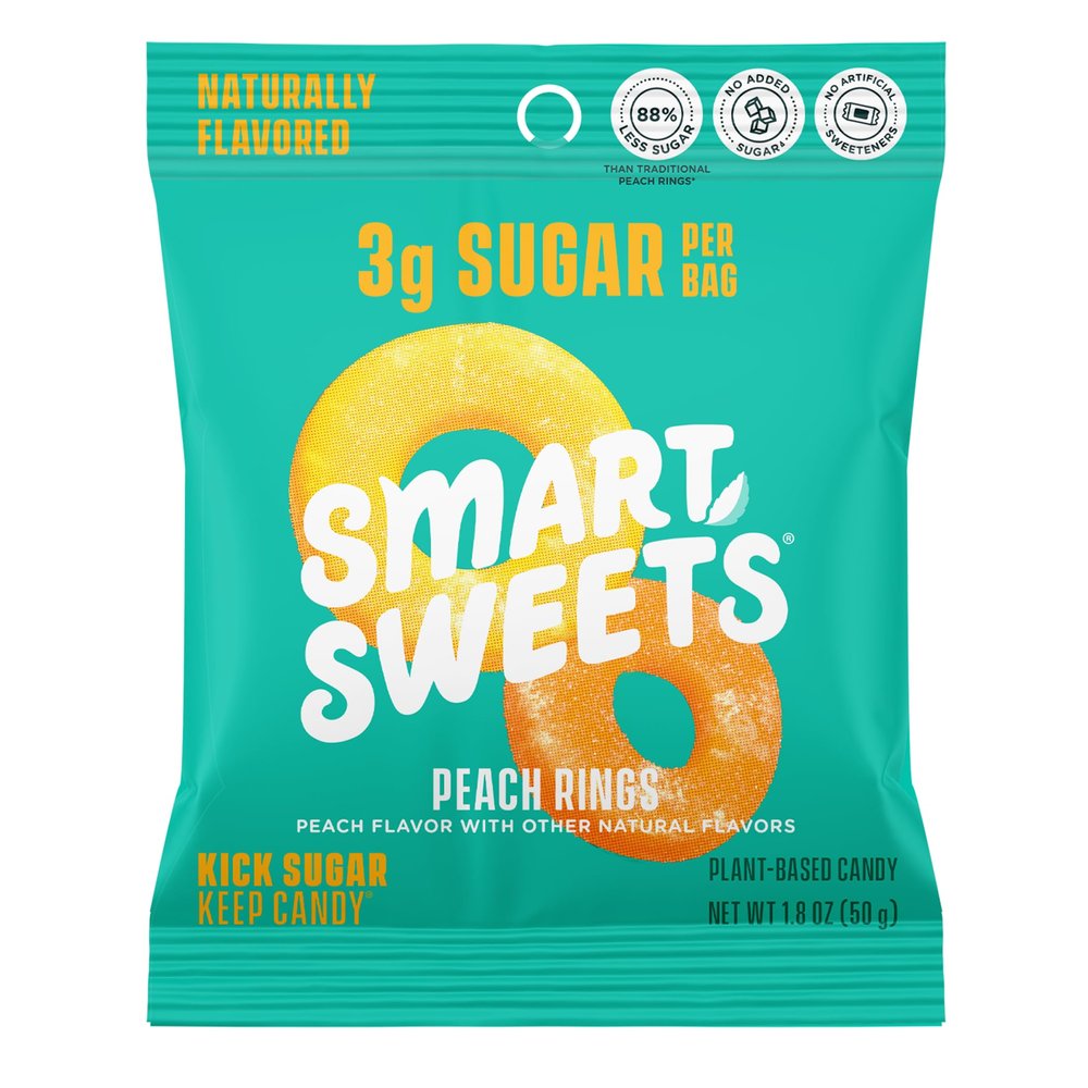 SmartSweets Peach Rings, Low Sugar Gummy Candy (3g), Low Calorie (130), Gluten-Free -1.8oz (Pack of 12) Packaging may vary
