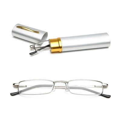 KOOSUFA Slim Pen Reading Glasses 2.0 Blue Light Blocking Men Women Spring Hinges Compact Tube Reader with Portable Clip Case, 1x Silver