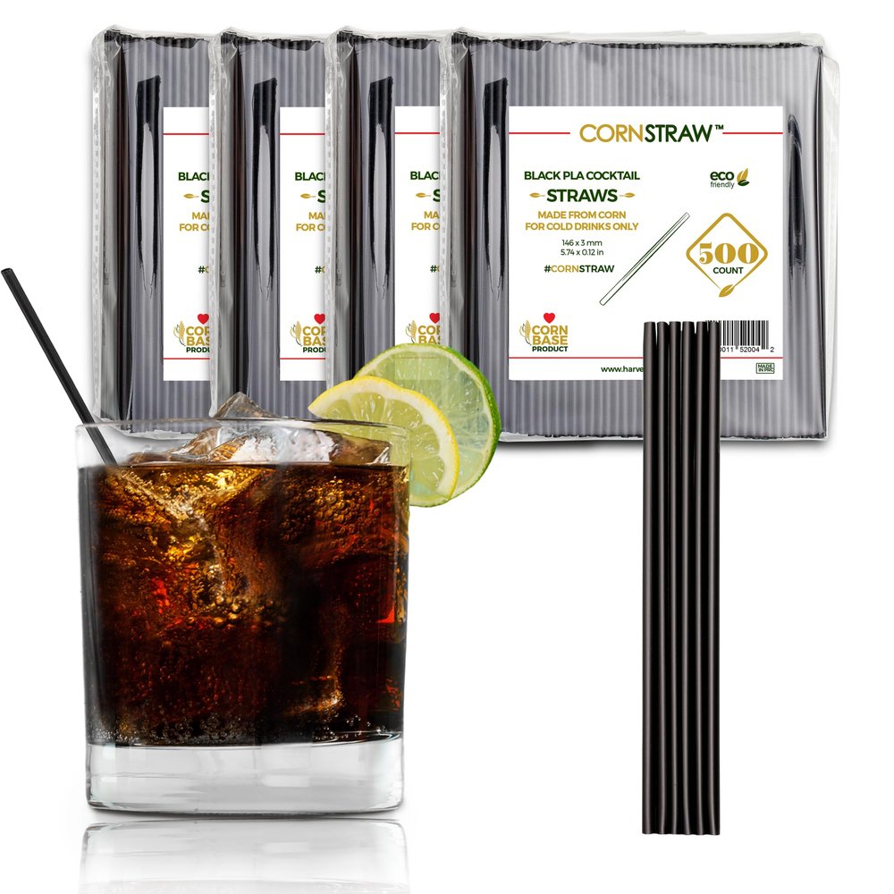 [2000 COUNT] CORNSTRAW 5" Short Cocktail Straws, Black PLA Cornstarch Plastic-Free Disposable Small Drink Stirrer, Swizzle, mixer, for Cold Drinks, whiskey, Bar, Club, Party