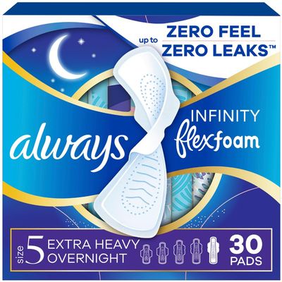 Always Infinity Feminine Pads for Women, Flexfoam Pads with Wings, Size 5, Extra Heavy Overnight Absorbency, Unscented, 30 Count