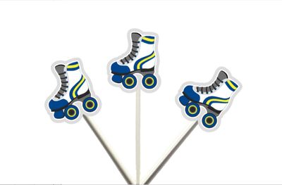 12 COUNT - ROLLER SKATE CUPCAKE TOPPERS - BLUE WHITE YELLOW