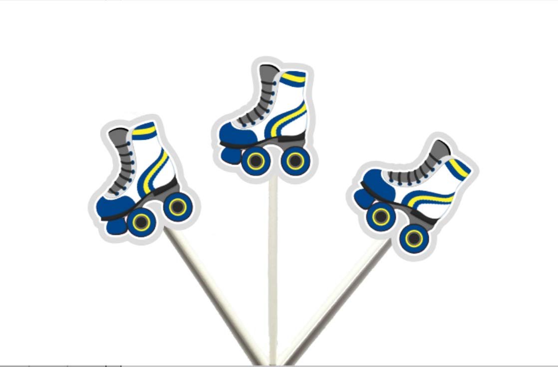 12 COUNT - ROLLER SKATE CUPCAKE TOPPERS - BLUE WHITE YELLOW