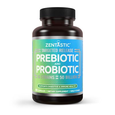 Zentastic Probiotics & Prebiotics Supplement - 50 Billion CFU - for Men & Womens Immune & Digestive Health - 16 Strains - Shelf Stable - 60 Delayed Release Veggie Capsules