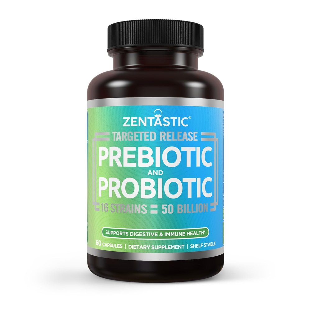 Zentastic Probiotics & Prebiotics Supplement - 50 Billion CFU - for Men & Womens Immune & Digestive Health - 16 Strains - Shelf Stable - 60 Delayed Release Veggie Capsules