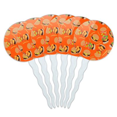 Hamburger Cheeseburger Pattern with Fries and Bacon Cupcake Picks Toppers Decoration Set of 6