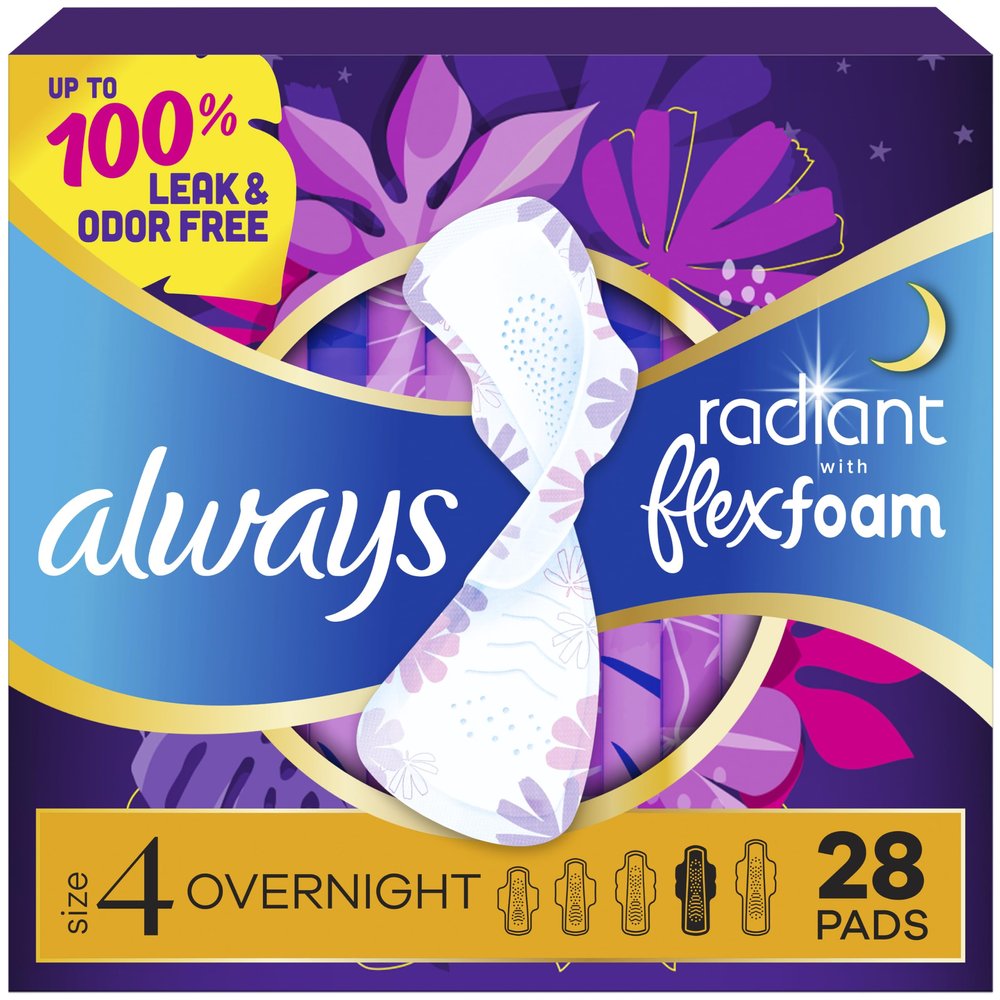 Always Radiant Feminine Pads for Women, Flexfoam Pads with Wings, Size 4, Overnight Absorbency, Lightly Scented, 28 Count