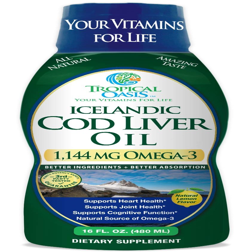 Tropical Oasis - Icelandic Cod Liver Oil | Maximum Strength 1144mg of Liquid Wild-Caught Natural Omega-3 Fish Oil (Lemon Flavor, 90 Servings)