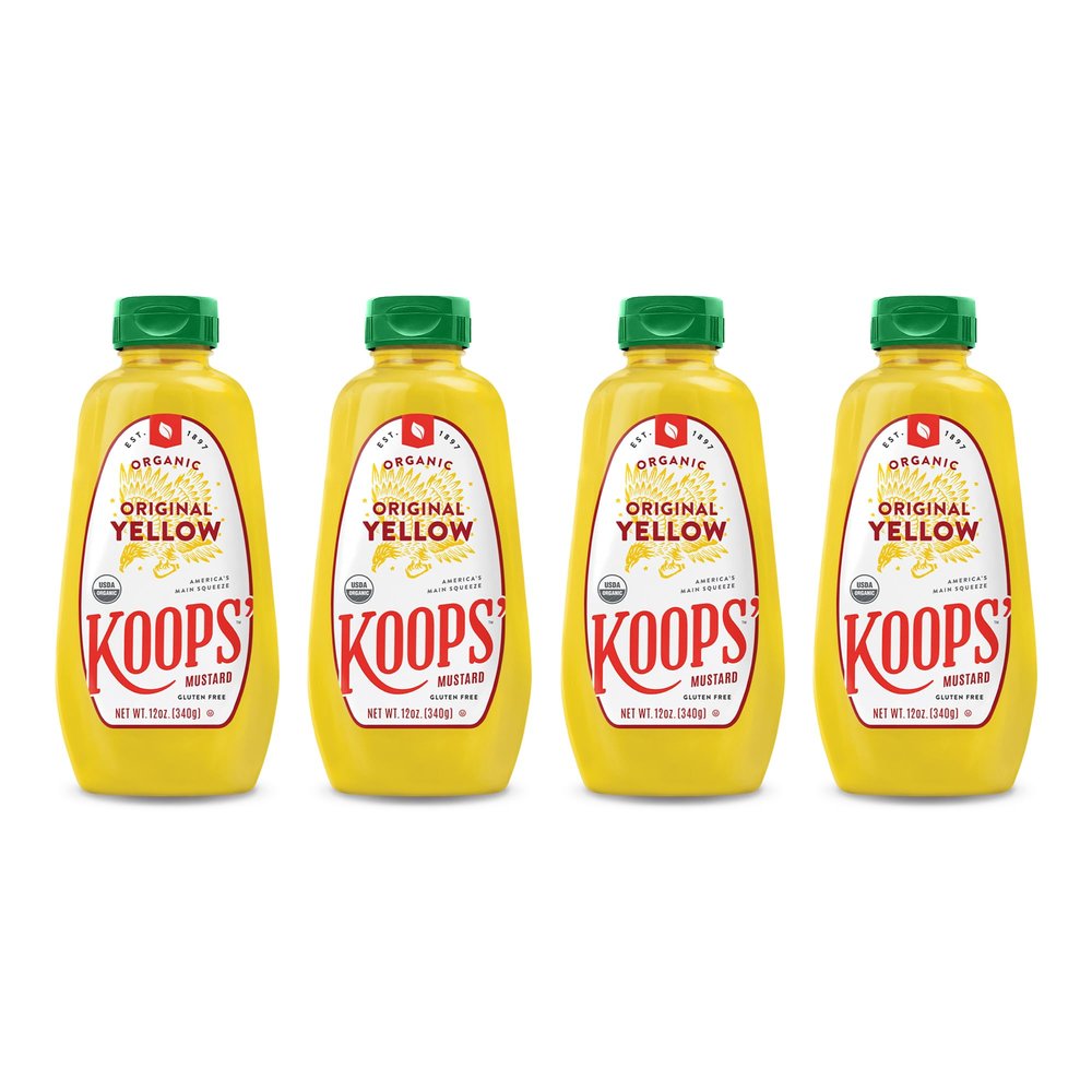 Koops' Organic Yellow Mustard  Gourmet Mustard, Gluten-Free, Kosher, USDA Certified Organic, Made in USA, From Quality Mustard Seeds, Yellow Mustard Sauce  12 Oz, Pack of 4