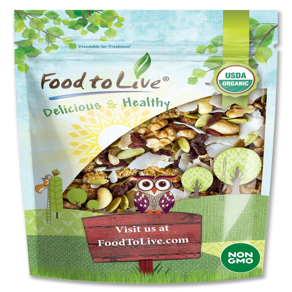 Food to Live Organic Variety Trail Mix, 4 Ounces Raw & Non-GMO Snack Mix Contains Goji Berries, Coconut Chips, Mulberries, Cashews, Walnuts, Pumpkin Seeds. Vegan Superfood, Kosher, No Added Sugar