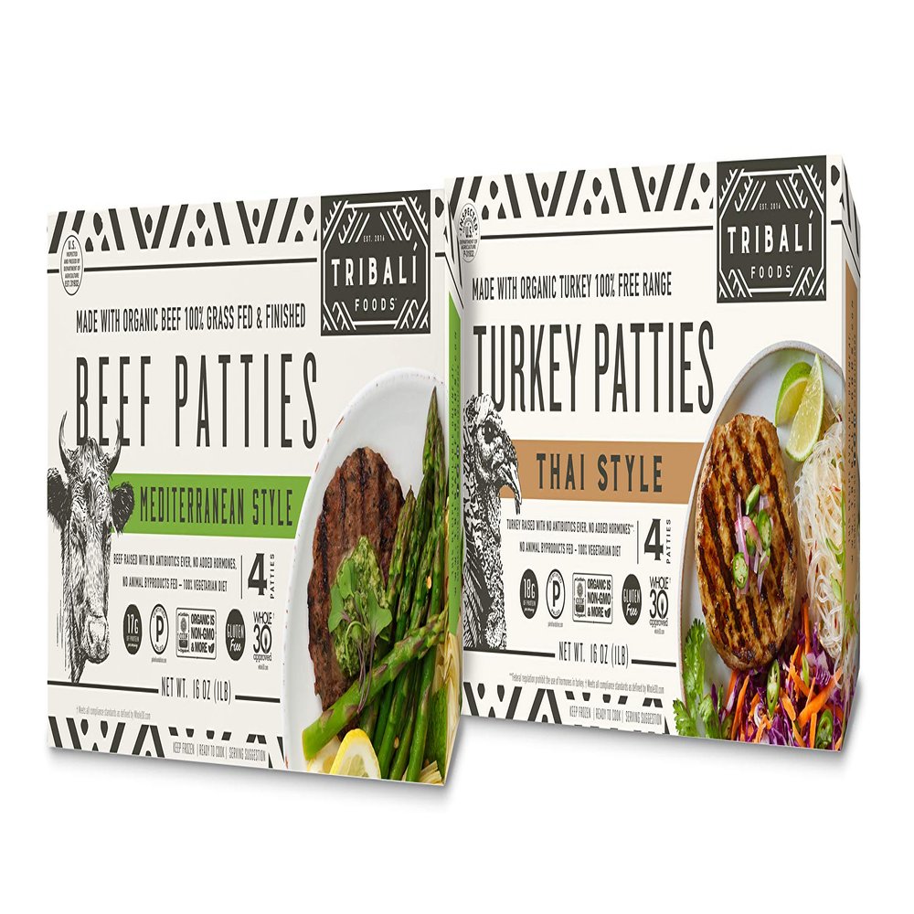 TRIBAL Foods - NAE !00% Grass-Fed & Free-Range Patties, 12 Boxes - 4 Patties per Box (48 Patties) (6 Mediterranean Style Beef + 6 Thai Style Turkey) Product Name