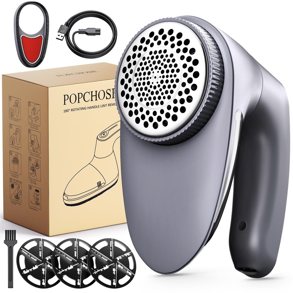 POPCHOSE Fabric Shaver for Clothing, Electric Lint Remover Sweater Shaver to Remove Pilling, Depiller for Clothes, Furniture, Couch, Fuzz with 6-Leaf Blades Extra, Electrostatic Brush