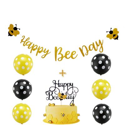 24 Pack Happy Bee Day Gold Glitter Banner & Happy Bee Day Cake Topper Bumblebee Party Decoration Bumble Bee Balloons for Honey Bee Themed Birthday Party Baby Shower Supplies