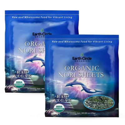 Earth Circle Organics | Organic Nori Seaweed Sheets - Raw, Unheated & Not Roasted | Grade A Certified | Vegan, Paleo, Keto Friendly | Premium Nori for Sushi Rolls & Wraps (50 Sheets, 2 Pack)