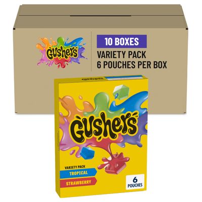 Gushers Fruit Flavored Snacks Variety Pack, Tropical and Strawberry Flavors, 6 Ct, 4.8 oz (Pack of 10)