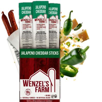 Wenzels Farm Jalapeno Cheddar Sticks Snack Sticks  Flavorful, Naturally Smoked  High Protein, Low Carb  No MSG, Fillers, Binders, Artificial Colors  Gluten Free | 32 sticks (16 packs of 2)